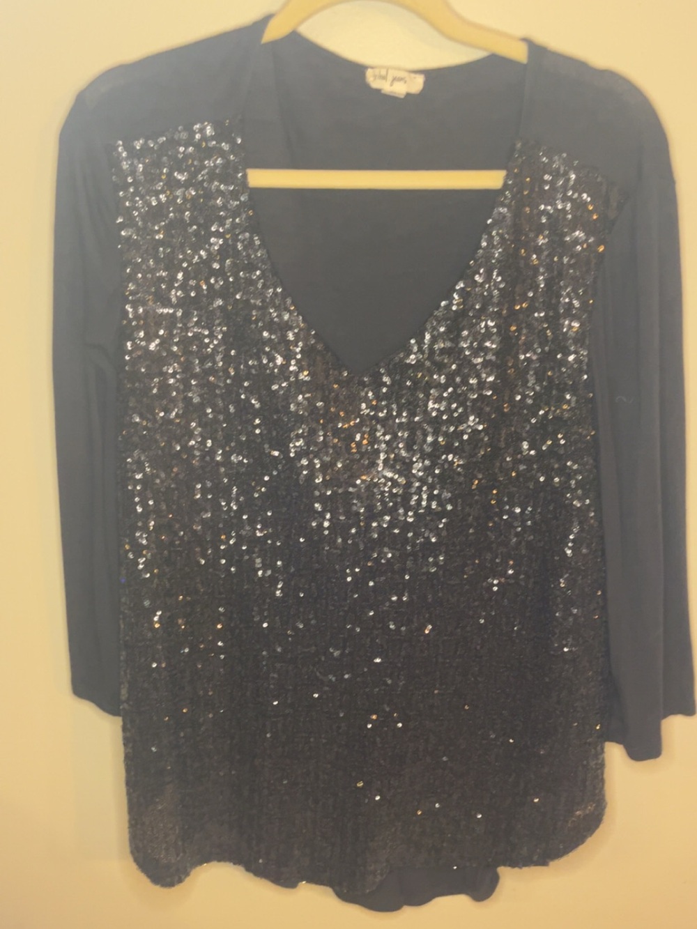 Tribal Black Sequin V-Neck Long Sleeve Top